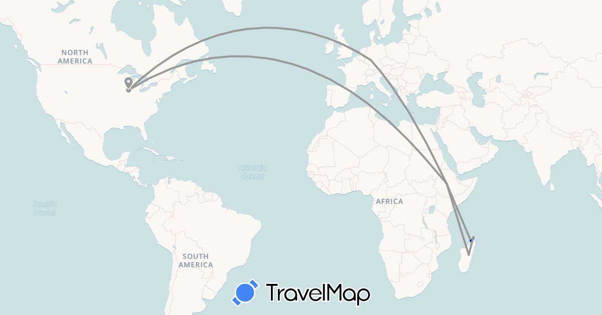 TravelMap itinerary: driving, plane, boat in Germany, Ethiopia, Madagascar, United States (Africa, Europe, North America)